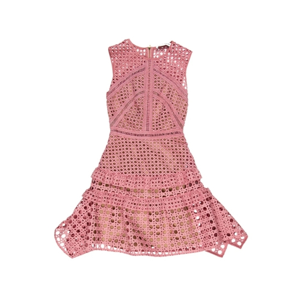 SELF-PORTRAIT Crosshatch Frill Mini Pink Lace Sleeveless Dress
